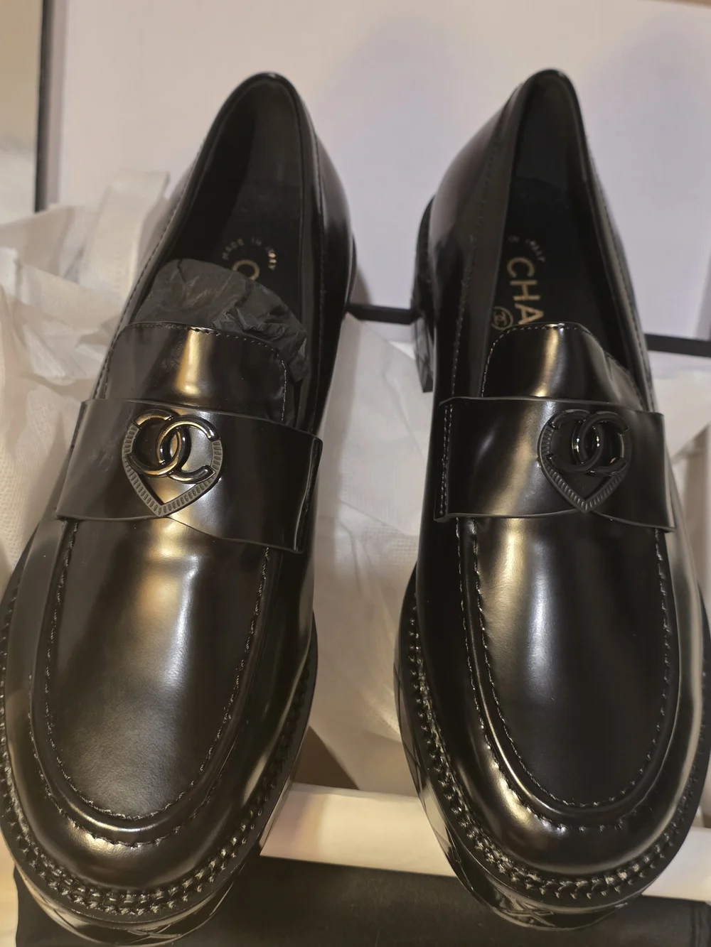 CHANEL Black Quilted-Platform Leather Loafers